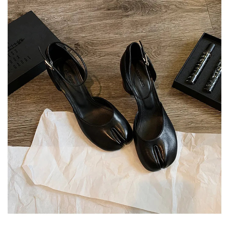 Brand Designer Tabi ninja high heels shoes woman ankle strap silver crack leather pumps split toe D'orsay mary janes shoes woman