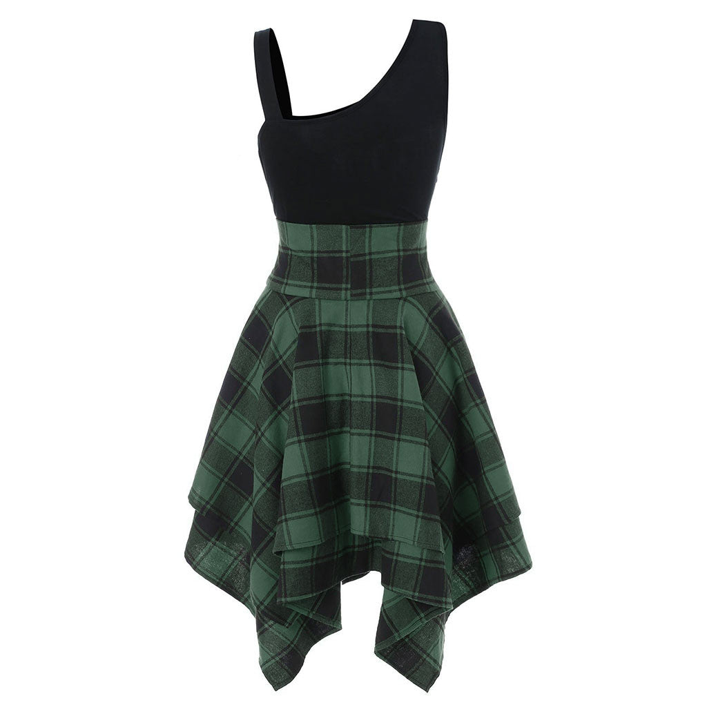 Elegant Classy Dresses For Women 2024 Sleeveless Cold Shoulder Cross Lace Up Plaid Print Irregular A-Line Dresses