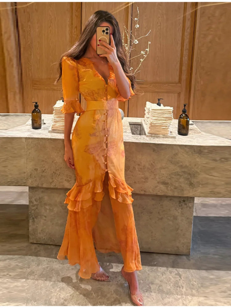Chic Floral Puff Sleeve Women Maxi Dress Sexy V Neck Button Down Ruffle Slit Vestidos 2026 Summer New Lady Daily Party Sundress