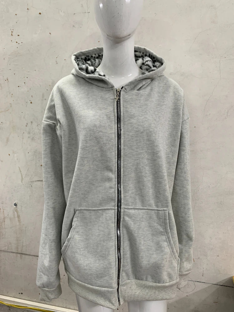 Unisex hoodie hooded sweatshirt with leopard print lining pocket, loose cardigan, zipper sweatshirt, streetwear style