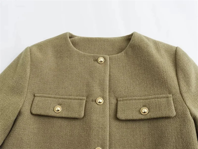 MUJER Tweed Cropped Jacket Woman Long Sleeve Vintage Jacket Woman Fashion Button Elegant Jackets For Women New In Short Coats