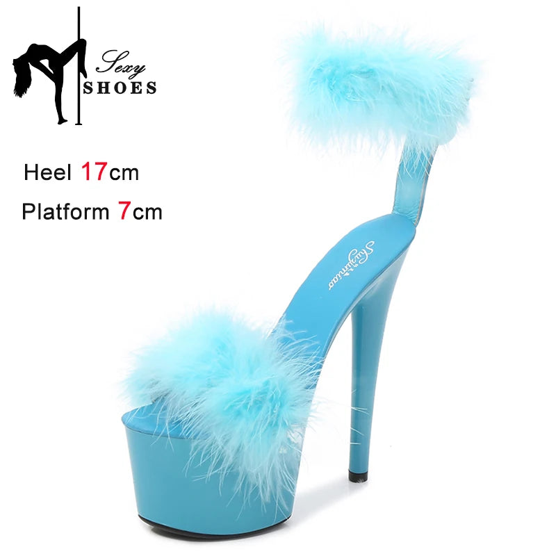 17CM Fur Womens Party Shoes Fashion 2023 Summer Sexy Exquisite Open Toe Ladies Shoes Female Stiletto Super High Heel Sandals