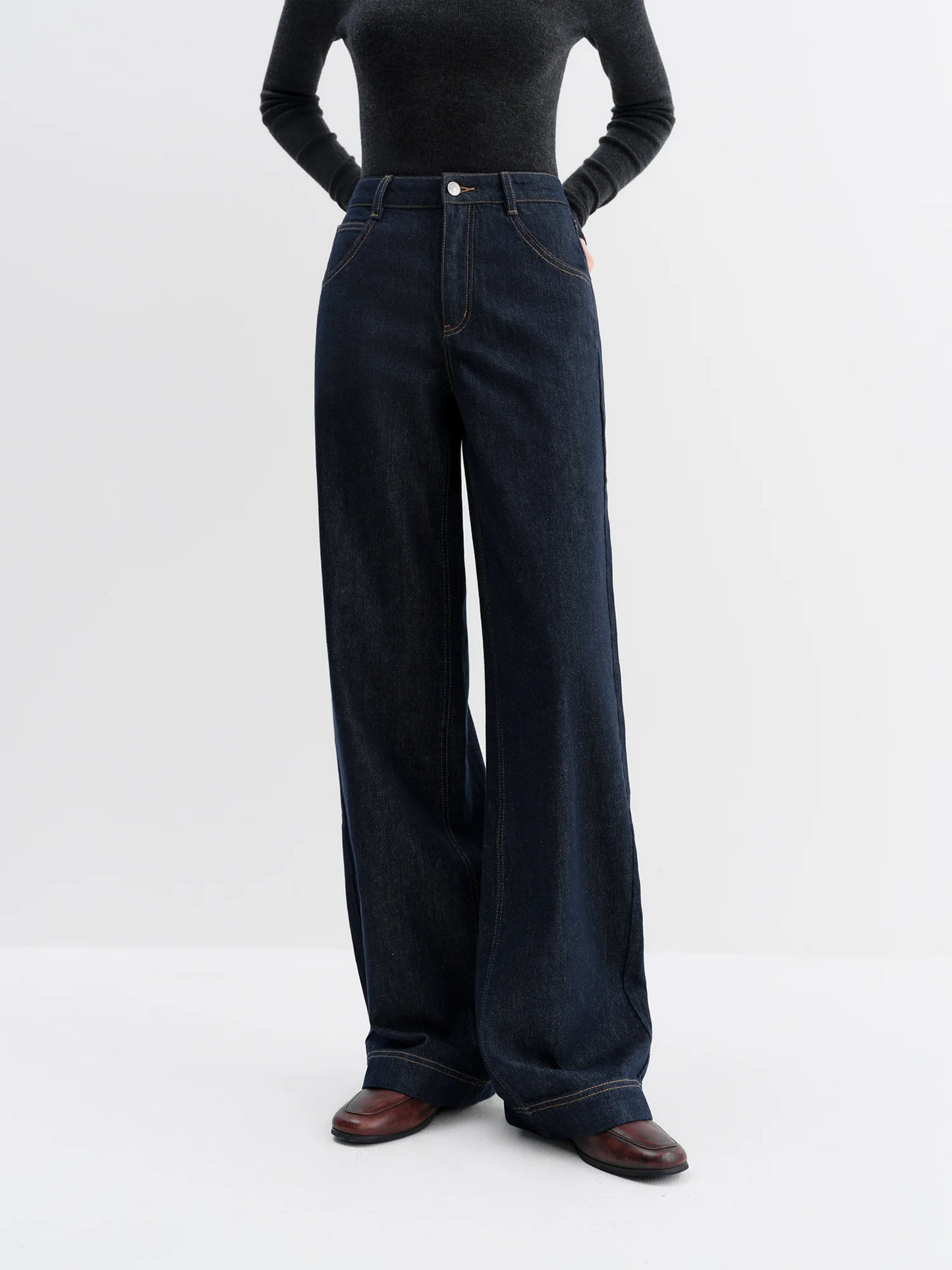 FSLE Straight High Waist Jeans for Women Winter Solid Simple All-match 2025 New Long and Short Versatile Pants Korean Style