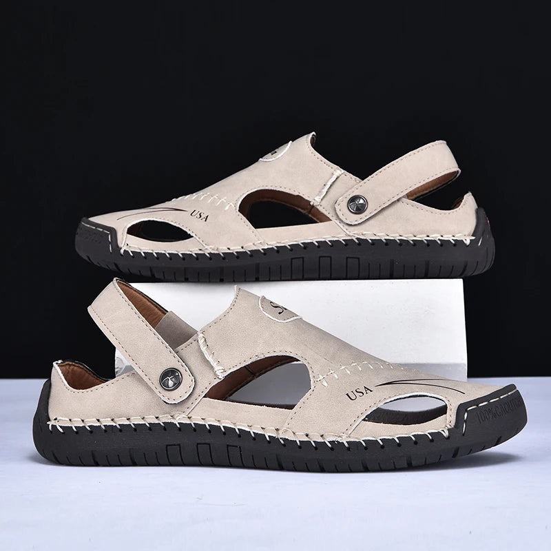 New Handmade Summer Sandals Men Breathable Leather Shoes Man Outdoor Men Sandals Antiskid Beach Sandals Hollow Shoes Footwear