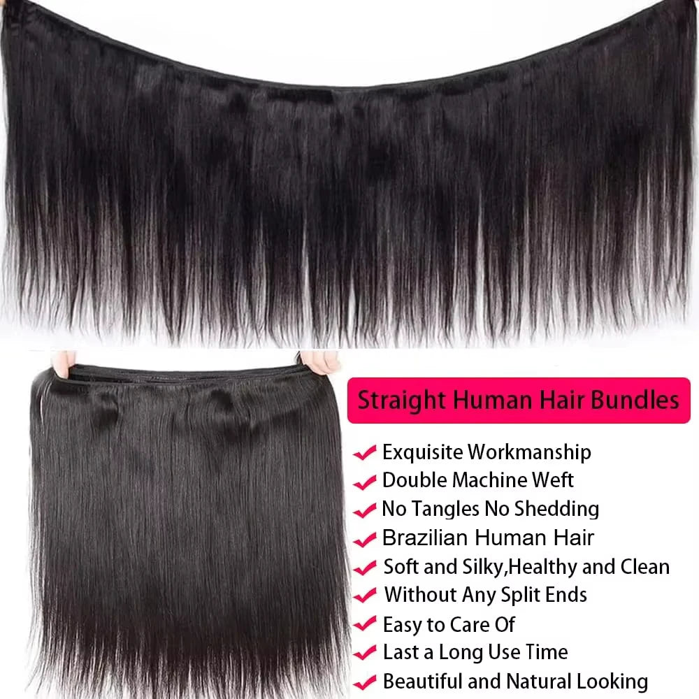 Human Hair Bundles Straight 12-32Inch Unprocessed Brazilian Hair Weave 3 Bundles Silky Black Hair Extensions Raw Quick Weave