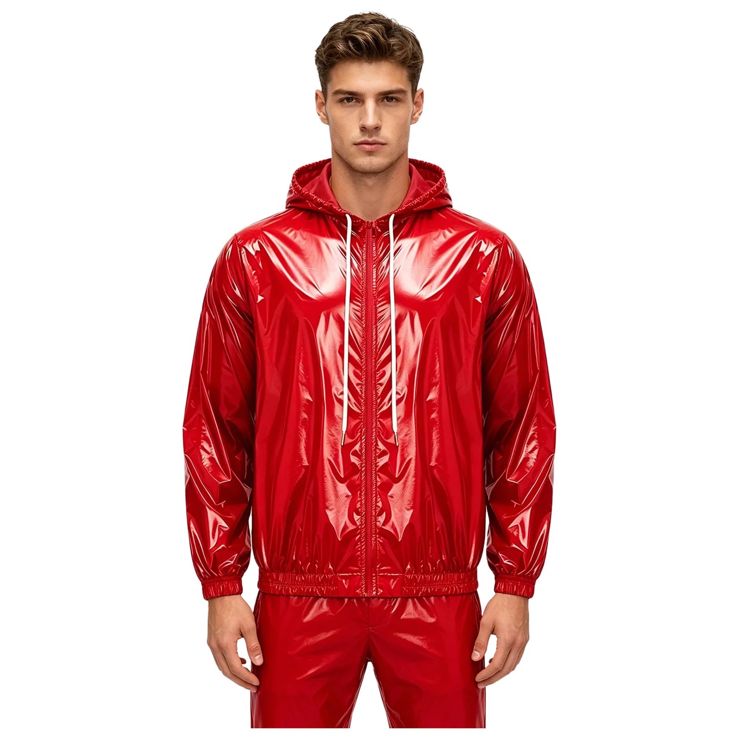 Men Shiny Glossy Hooded Jacket Windbreaker Raincoat for Hiking Fishing Biking Long Sleeve Front Zip-up Drawstring Hood Outerwear
