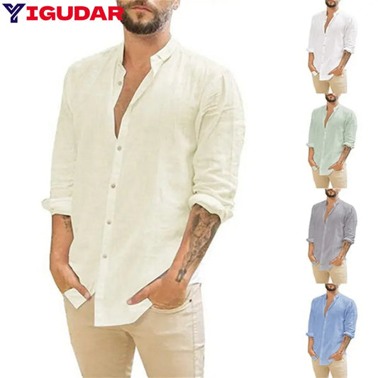 2025 New Men's Casual Blouse Cotton Linen Shirt Loose Tops Long Sleeve Tee Shirt Spring Autumn Casual Handsome Men's Shirts
