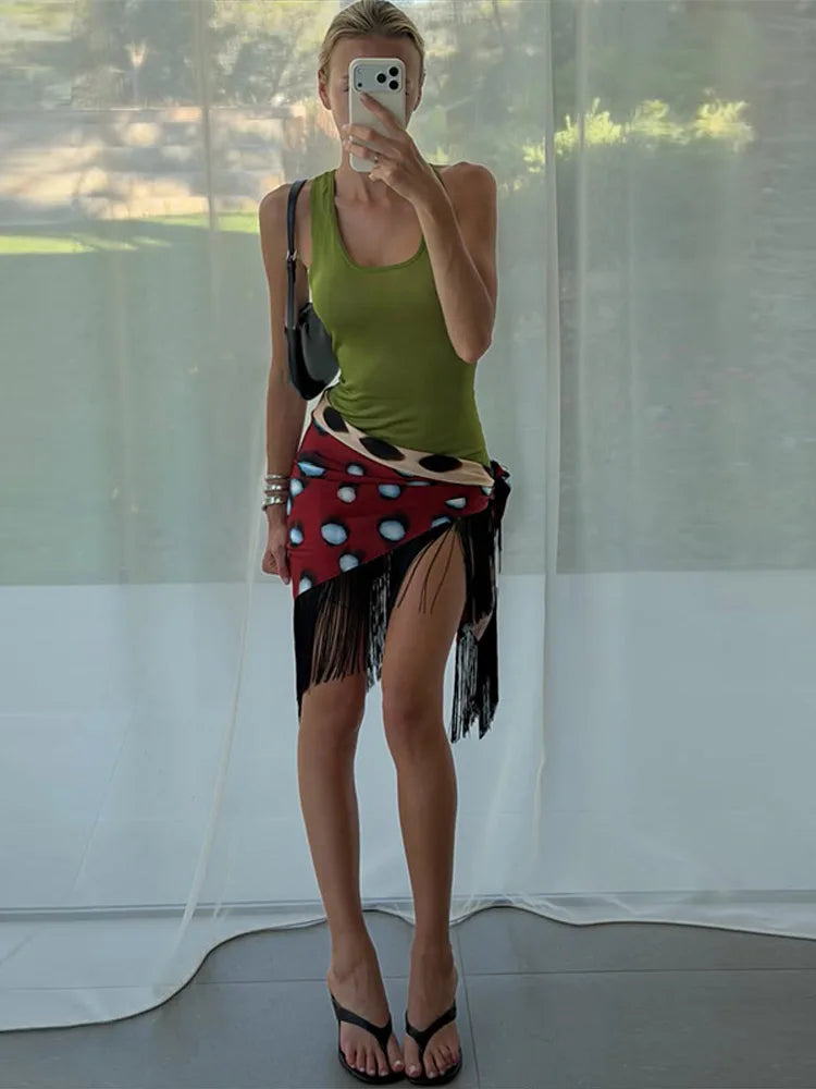 Fashion Leopard Fringed Patchwork Women's Skirts Irregular Double-Sided Lady Mini Skirts 2026 Summer Chic New Female Streetwear