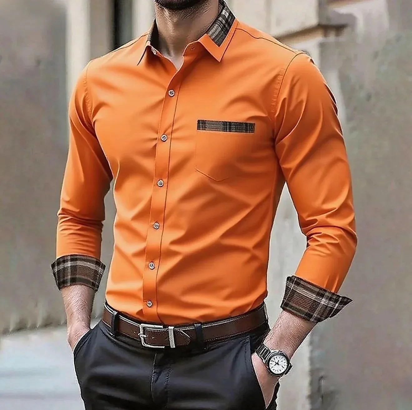 Men's pocket casual formal shirt, available in 12 colors, stylish and comfortable long sleeved shirt, suitable for weddings and