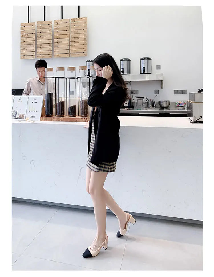 2023Spring Autumn Fashion High Heels Sandals Women's Dress Square Toe Slingback Shoes Women's Color Block Back With Flat Sandals