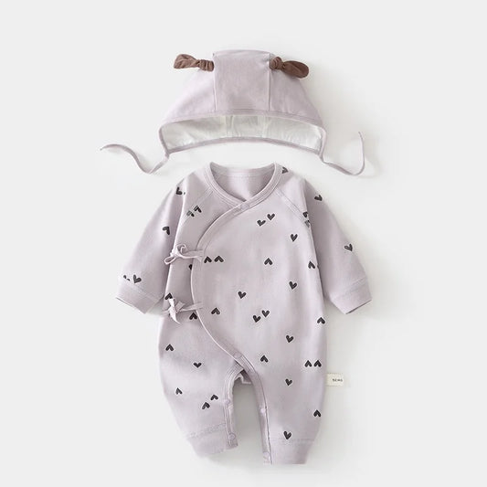 2026 Spring Autumn 0-6M Newborns Romper Matching Hat Cartoon Print Baby Girl Jumpsuit Side Snap Infant Layette Outfit