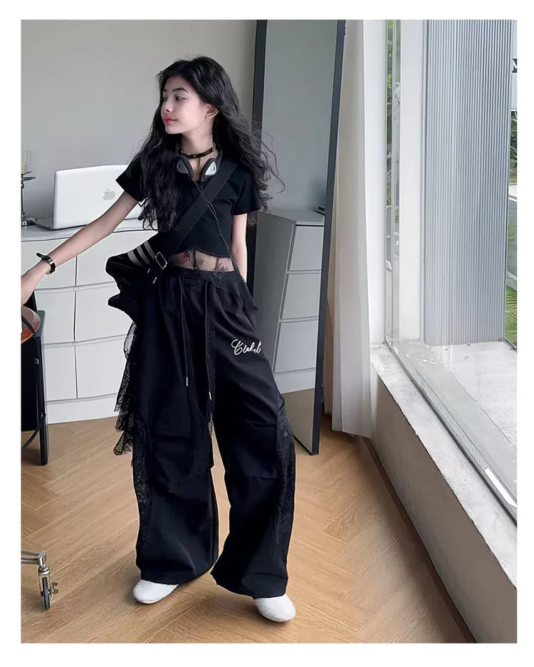 4-14 girls Hip Hop Jazz Street Dance clothes Set Child Summer Clothing Lace patchwork T-shirt+work pants 2pcs kids outfits suit