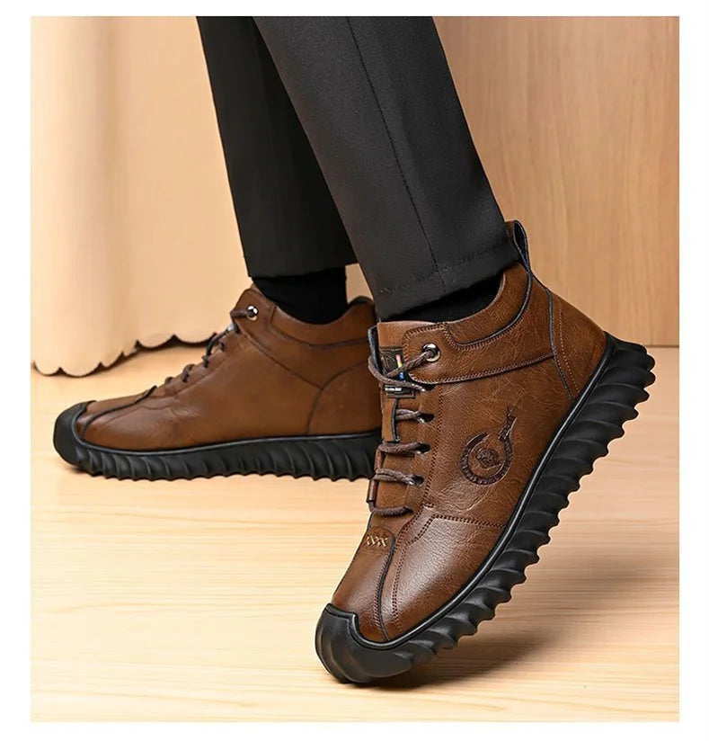 CINESSD New Warm Winter Velvet Men's Snow Boots Non-slip Men's Leather Boots Thick Bottom Dad Shoes