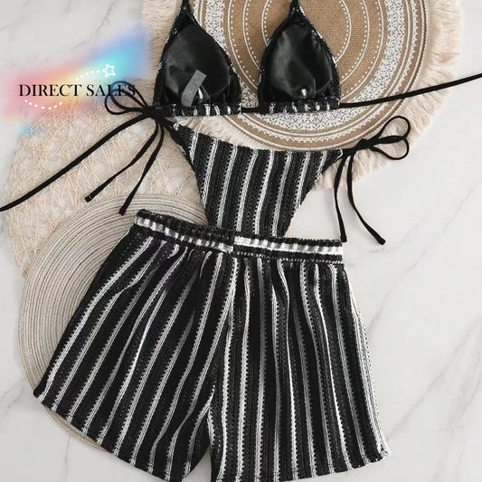 Fashion Stripes 3 in 1 Swimwear Set Lace Up Slim Fit Bikini Bathing Suit Deep-V Sleeveless Knitting Swimsuit Beach