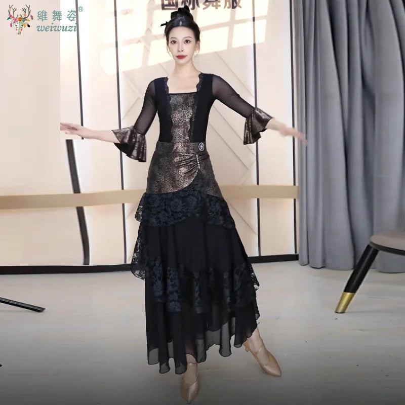 Women New Ballroom Dance Competition Clothing Black Long Sleeve Top Big Swing Skirt Suit Waltz Foxtrot Tango Modern Dance Dress