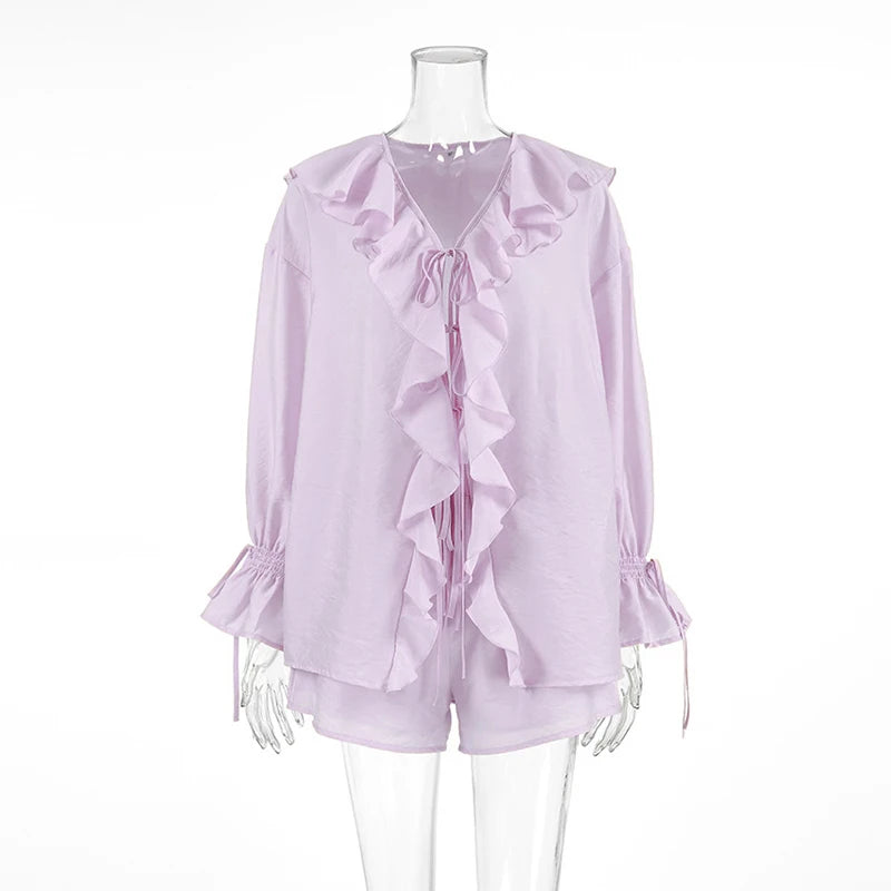 Tornova Women's Ruffled Shorts Sets V Neck Loose Lace Up Shirt Loose Through Sexy Casual Shorts Female Spring New Matching Sets