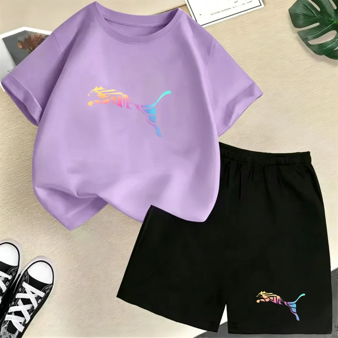 Kids Summer Casual Round Neck T-shirt Colorful Gradation Animals Boy Girl3-12Yrs Short-Sleeved+Shorts Fashion Sports Clothes Set