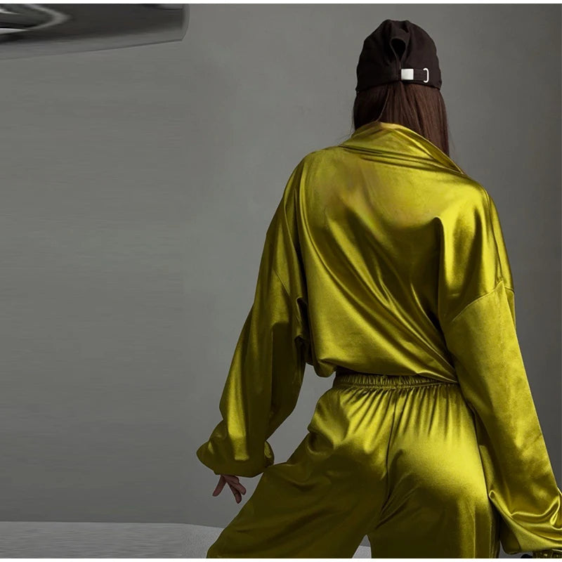 2026 Spring Satin Embroidered Zip-Up Jacket Wide Leg Pants Set Oversized Slouchy Women 2 Pcs Outfit Cool Lady Co-ord Streetwear