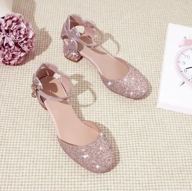 Princess Kids Leather Shoes Girls Sandal Sweet Pearl Casual Glitter Children High Heels Girls Party Dance Shoes Pink Gold Silver