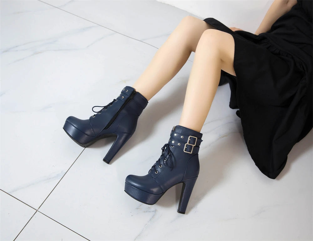 Women Ankle Boots Platform Lace-Up High Heels Short Boot Female Buckle Autumn Winter Red Yellow White Sexy Shoes Large Size34-46