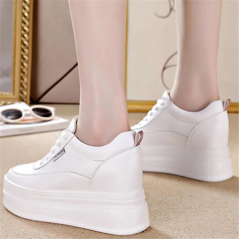 New Spring Autumn White Hidden Wedge Heels Casual Shoes Woman 9CM Platform Shoes Elevator High-heels Walking Sneakers Women