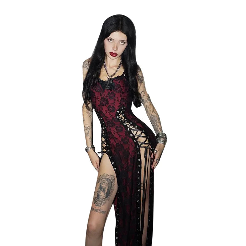 ONE TO WAN Summer Sexy Dark Gothic Style Dress Women's Subcultural Y2K Thin Spaghetti Strap Dress Vintage Design Punk Streetwear