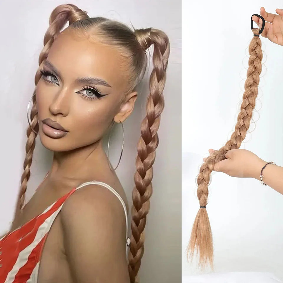 Synthetic Braided Ponytail Hair Extension With Rubber Band Boxing Braids For Women Hair Accessories 24Inch Long Black Braids