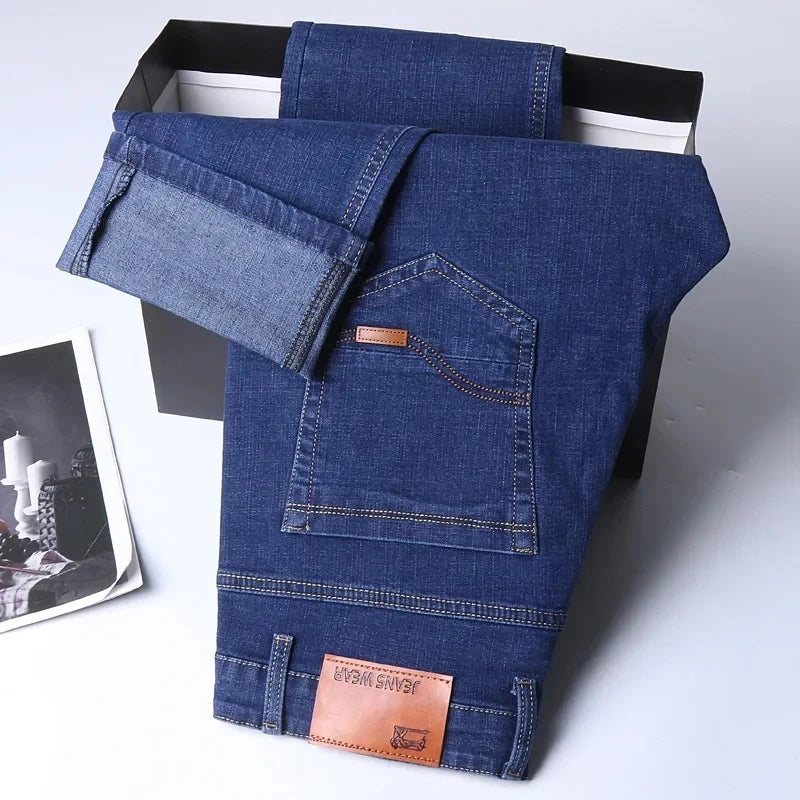 JEAN New Business Men's Jeans Casual Straight Stretch Fashion Classic Blue Black Work Denim Trousers Male Brand Clothing