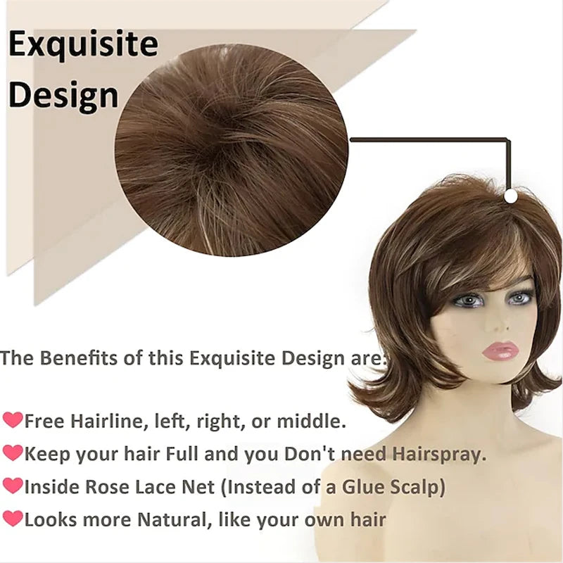 HAIRJOY Synthetic Hair Short Curly Brown Mixed Blonde Highlight Wigs with Bangs for White Women