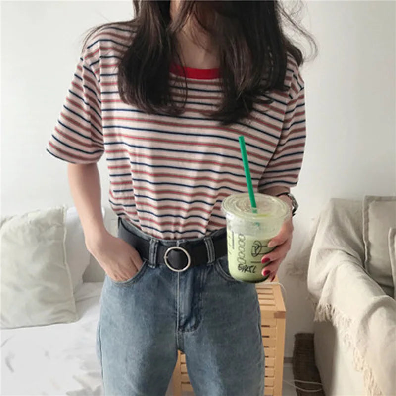 MRMT 2026 Brand New Women's Striped t-Shirts Contrast Color Striped Women t Shirt Loose Woman Bottoming Shirts Tops Tees