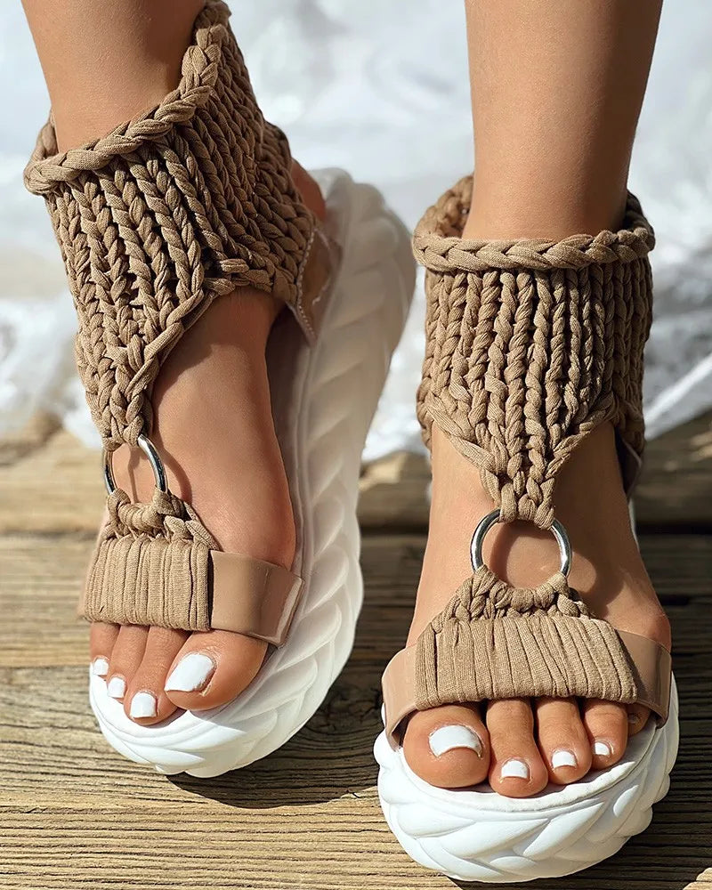 Sandals Women's Braided Knit O-Ring Cutout Platform Summer Gladiator Sandals Shoes Thick Heels Ladies White Sandalias Casual