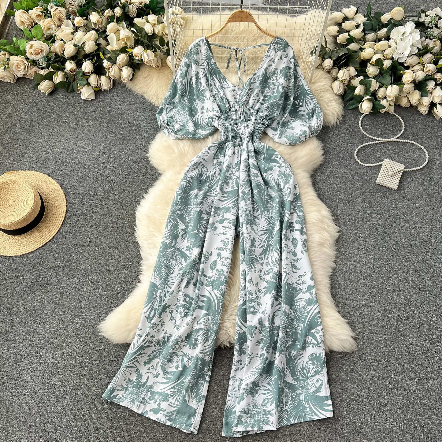 V Neck Sexy Dolman Sleeves Waist Slim Floral Print Jumpsuit Women Wide Leg Trousers Jumpsuit