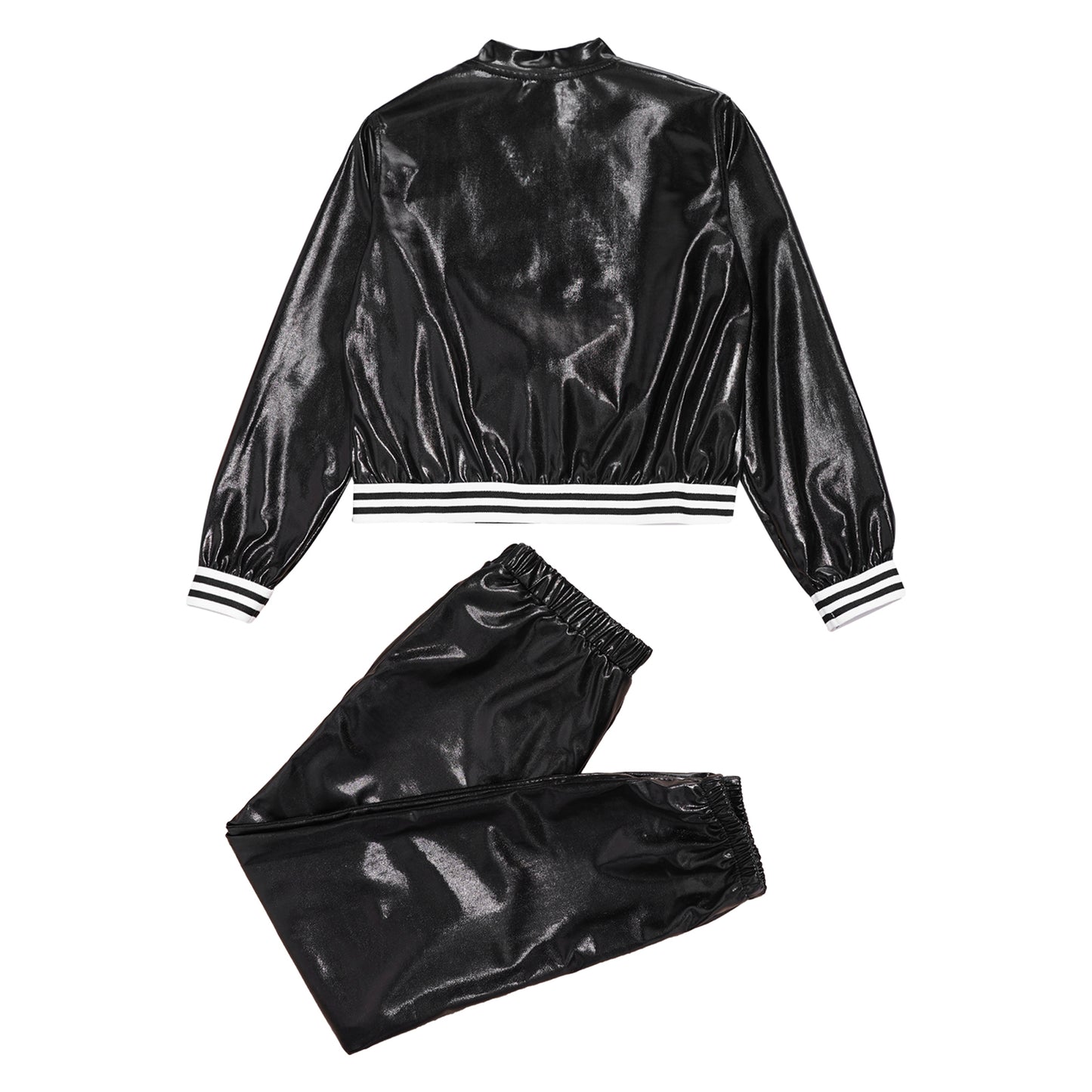 Kids Girls Sports Outfits Jazz Hip Hop Street Dance Costume Shiny Metallic Long Sleeves Bomber Jacket Coat with Pants Streetwear