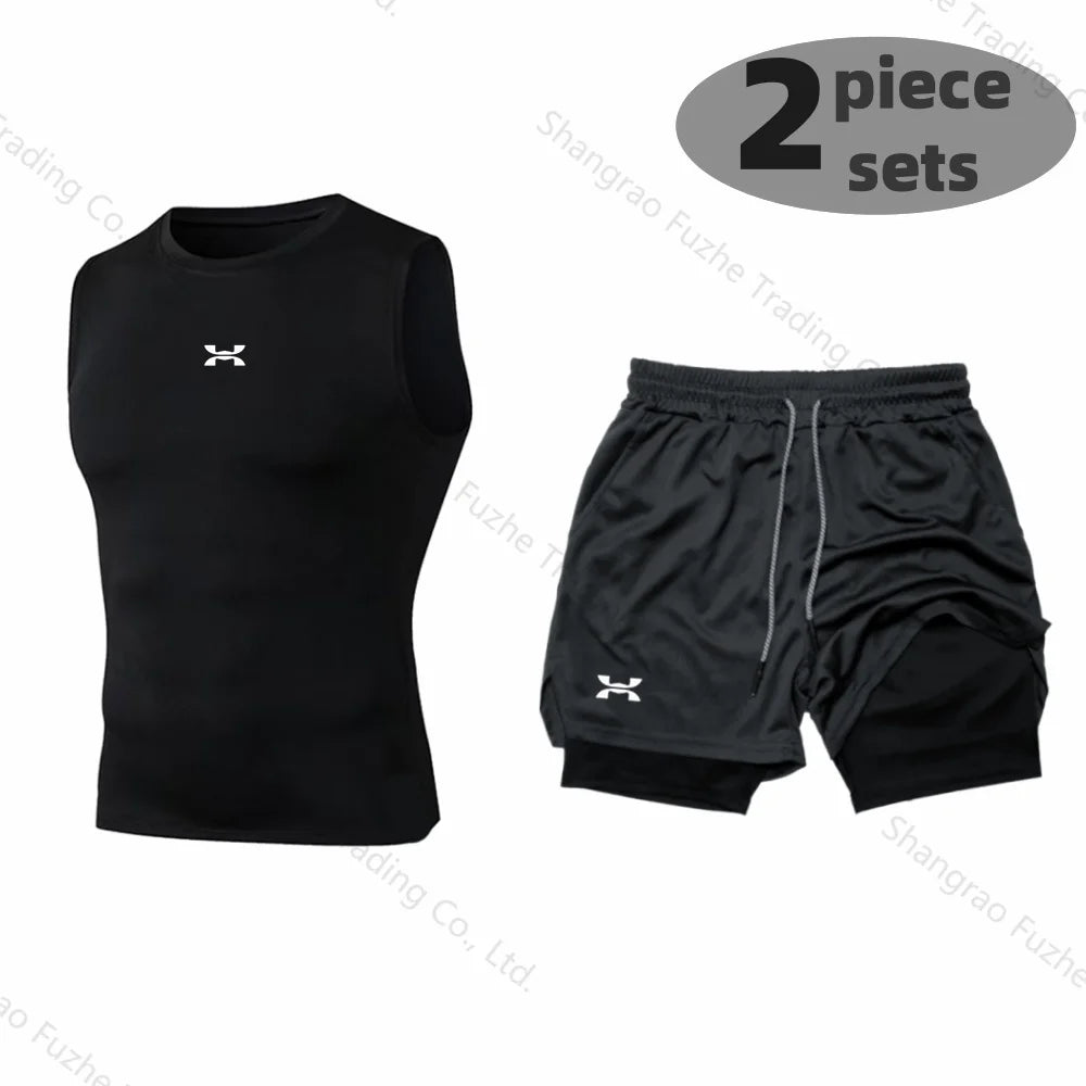 Sports Boxing Sets Basic Sleeveless Shirt+2-in-1 Shorts Sets Gym Compression Quick Drying Training Workout Stretch Skinny Sets