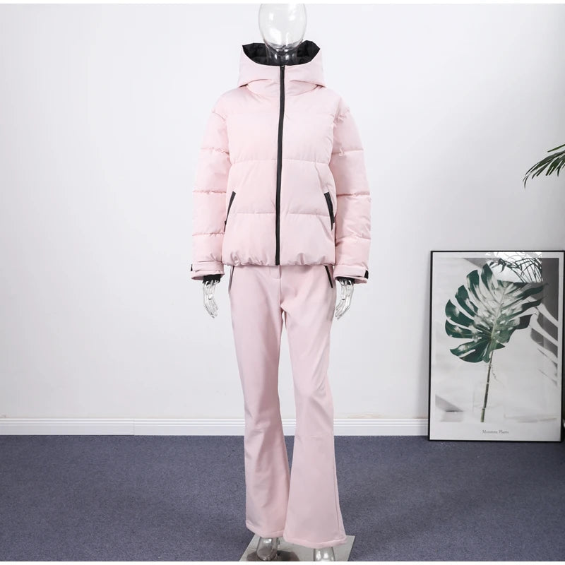 Women  Fur Collar Hooded Skiwear Fashion Solid Thicken Zipper High Waist Slim Outdoor Overalls Jumpsuit  Lady Winter Outwear