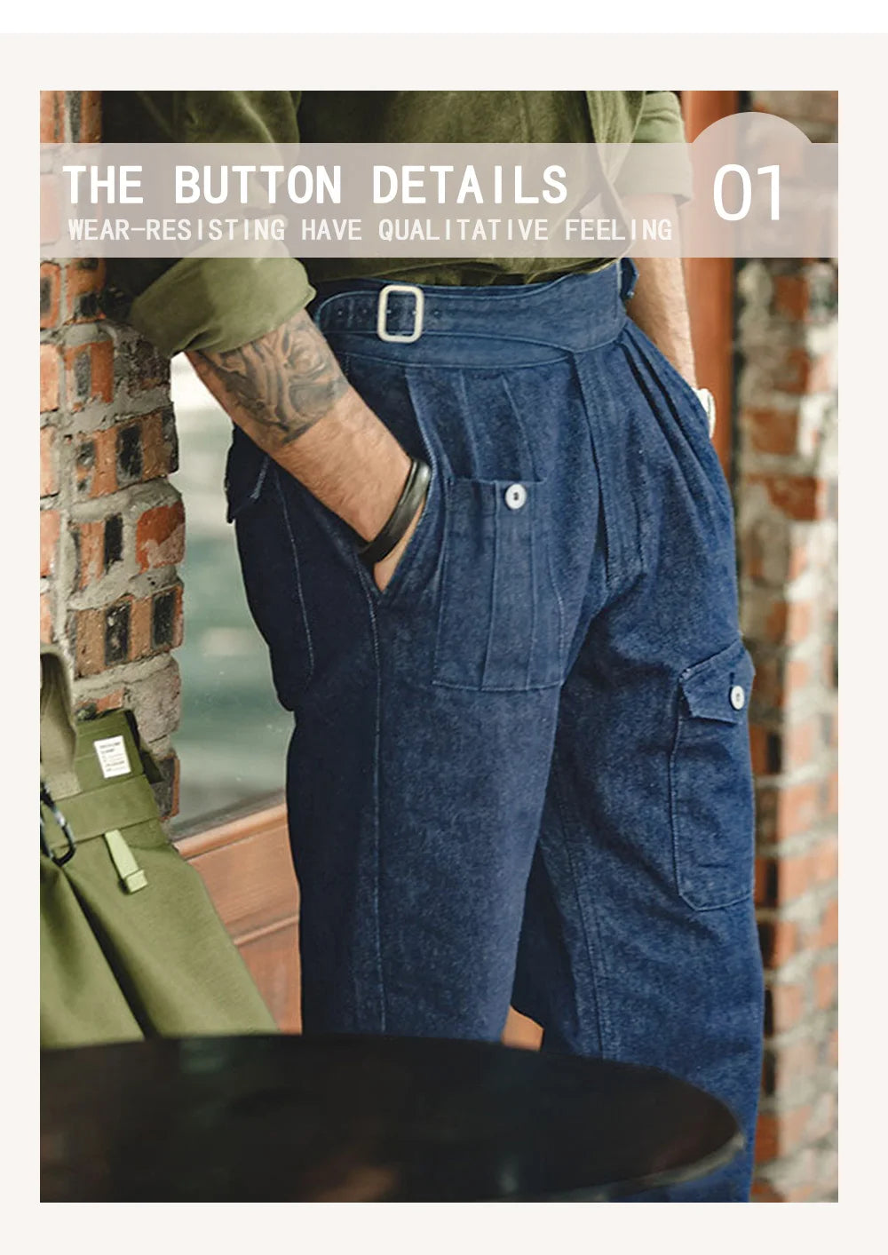 Men High-Waisted Button Suit Pants Elegant Denim Texture Italian Fabric Daily Commuting Wear