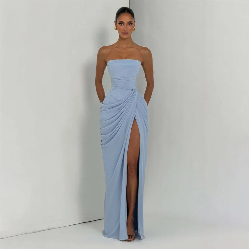 Women Sexy Solid Pleated Strapless Dress Lady Chic Off-shoulder Backless High Waist Split Dresses 2026 New Evening Party Gown