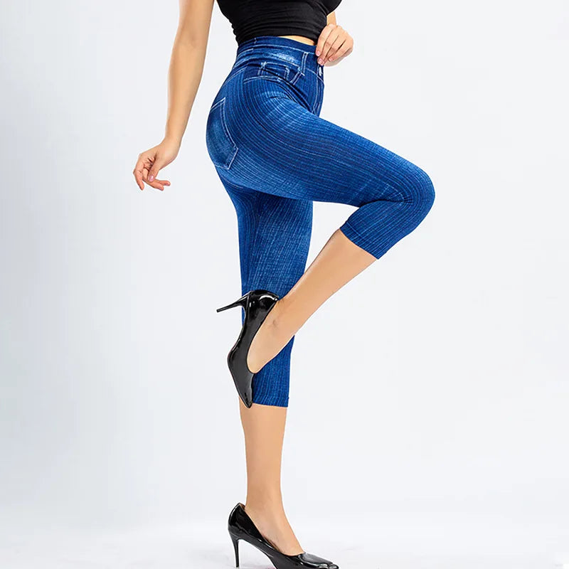 1pcs Womens Denim Print Leggings Female Fashion Slim Leggings Faux Jeans Leggings Lady Stretch Printed Leggins Pants Capri Pants