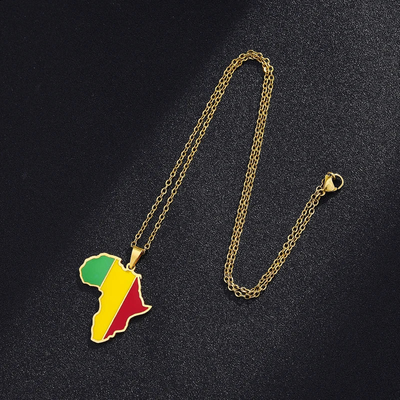 African Map Flag Pendant Necklace Stainless Steel Men Women Rwanda Sudan Uganda Zimbabwe Zambia Ethnic Maps Jewelry Gift