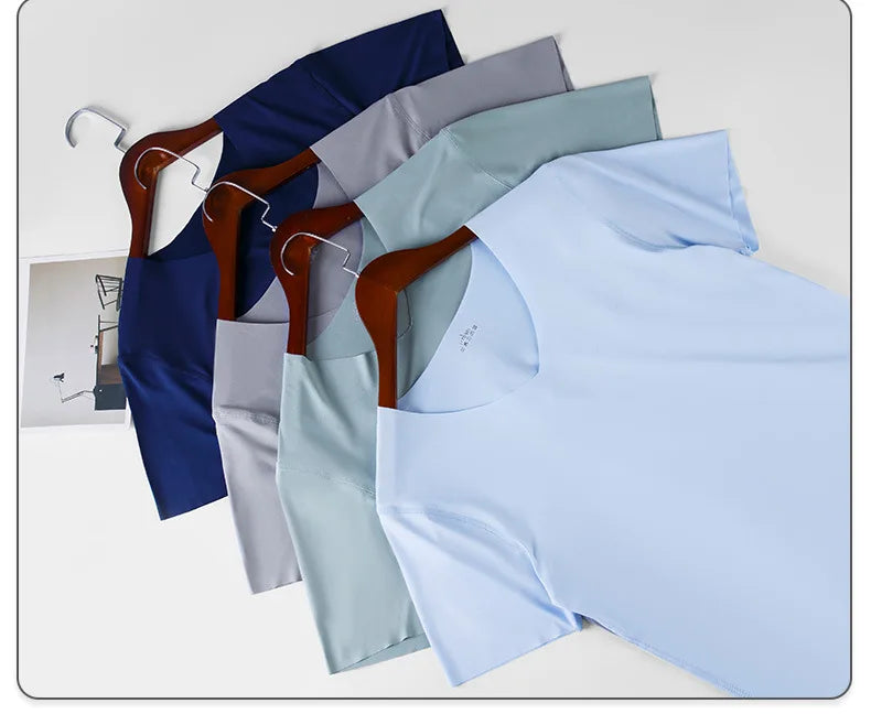 Ice Silk Men T-shirts Summer Seamless Sport Underwear Casual V-neck Thin T-shirts Quick Dry Shirt Tops Bottoming Shirt for Men