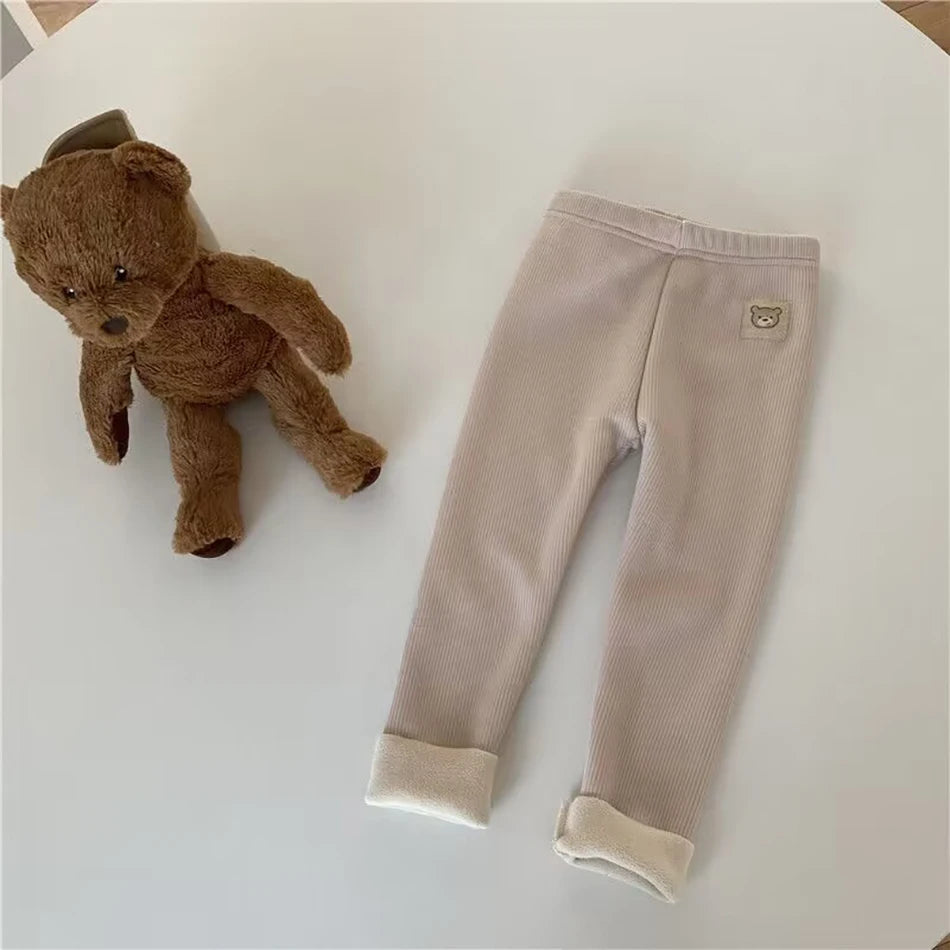Plush Pants for Kids 1-8 Years Soft Warm Solid Color with Animal Cartoons Stretchy Comfy Winter Trousers for Boys and Girls
