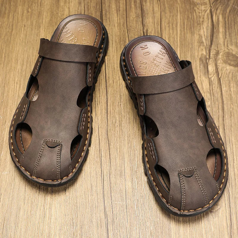 New Men's Leather Sandals Summer Slippers Beach Sandals Hollow Fashion Comfortable Outdoor Leisure Sports Sandals Large Shoes