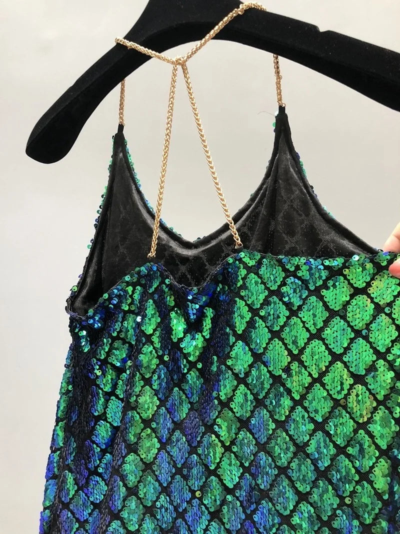 Sexy Dresses Party Night Club Dress 2020 Dress Summer Metal Hanging Neck Sequins Backless Holiday Skirt with Shoulder-straps