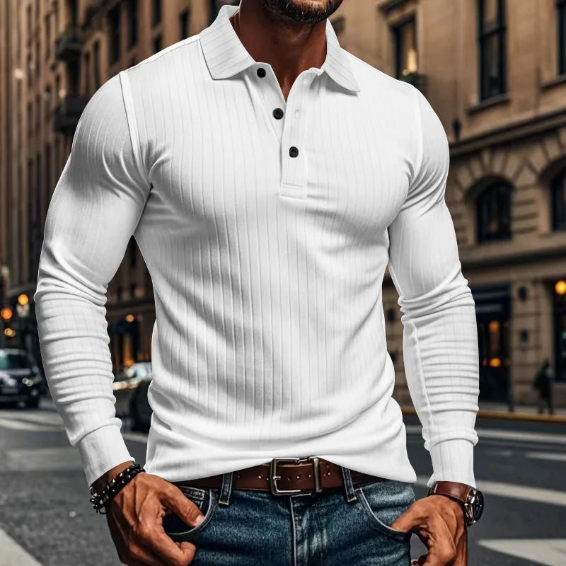 Cross-border autumn men's classic casual American lapel button-up long-sleeved T-shirt elastic pit strip polo shirt