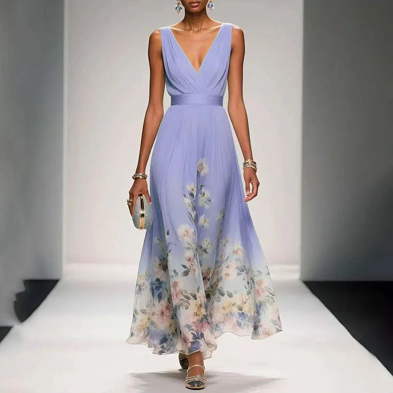 New Fashion Party Dresses Summer Women's Sexy Deep V Neck Floral Print Ruffle Sleeveless High Waist A Line Beach Dress Vestidos
