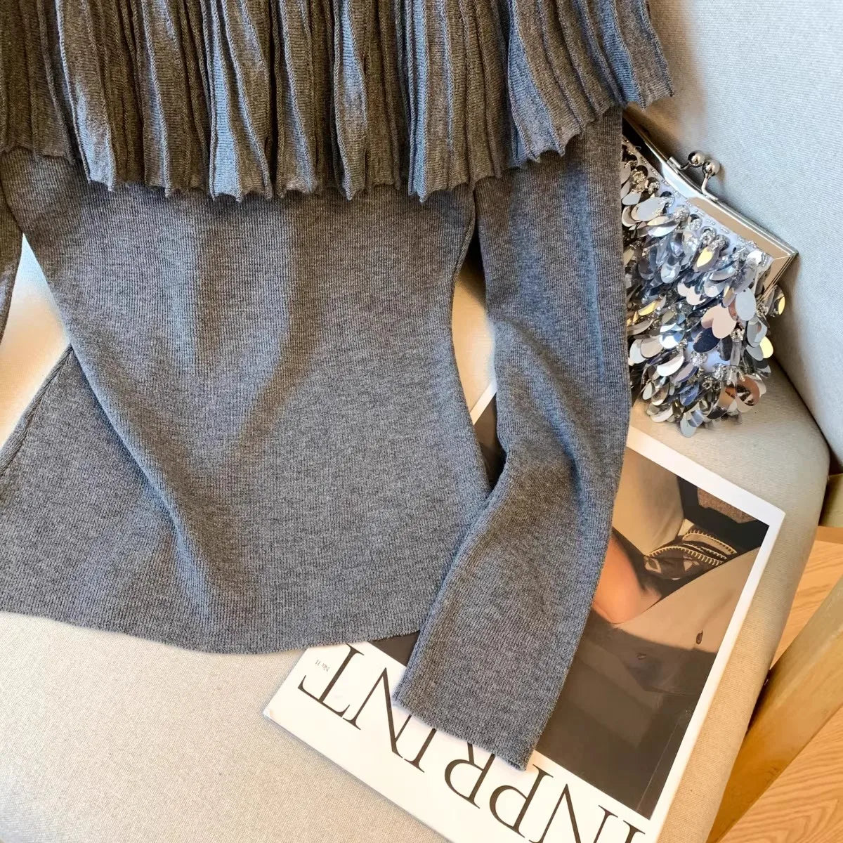 Women's Solid Color Slash Neck Ruffles Sweater Short Pullover Korean Fashion Chic Retro Style for Autumn Winter
