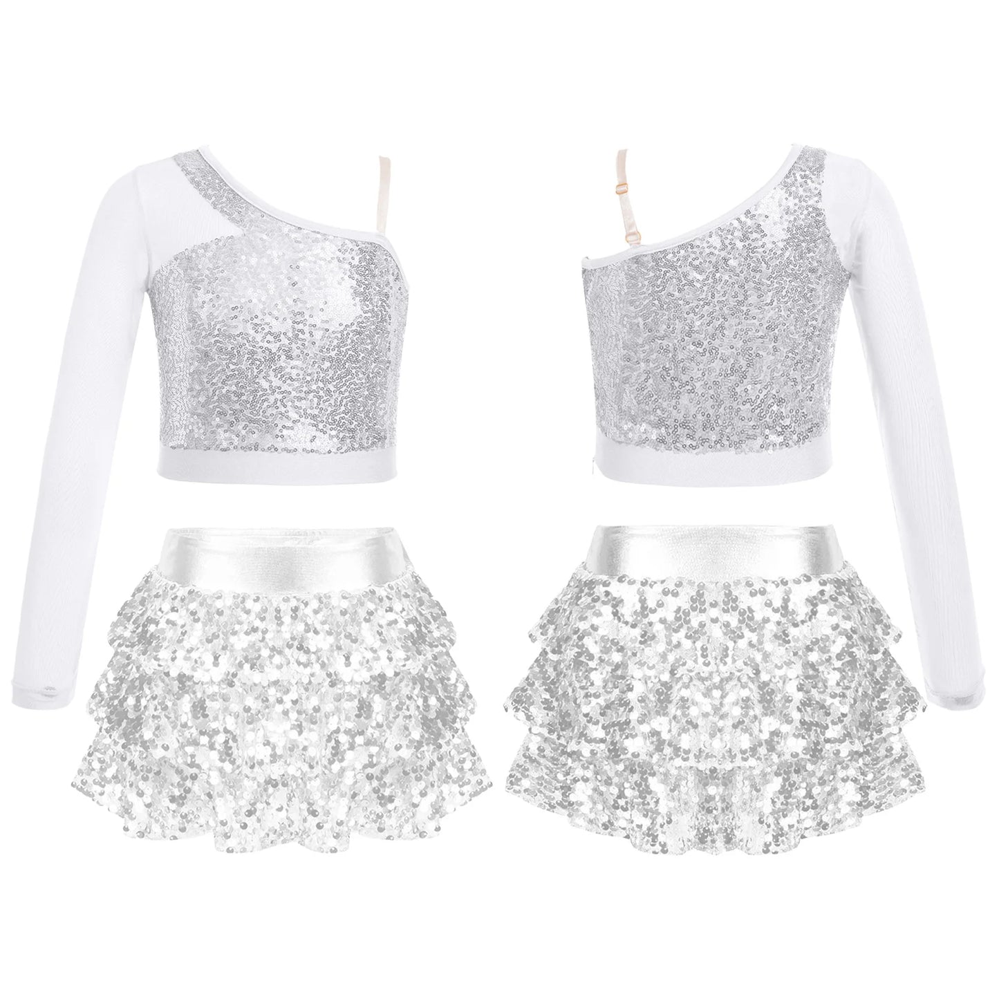 Kids Girls Dance Dresses Latin Jazz Modern Dance Show Costume Sequin Long Sleeve Crop Tops and Skirted Culottes Cheer Dancewear