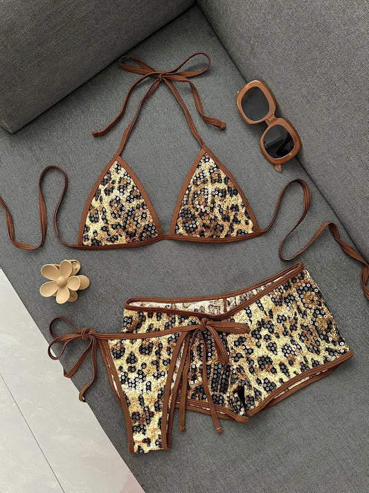 Swimwear Woman 2026 New Leopard Print Sequin Bikinis Sets Female Summer Sexy Straps Beach 2 Piece Set Bathing Suit