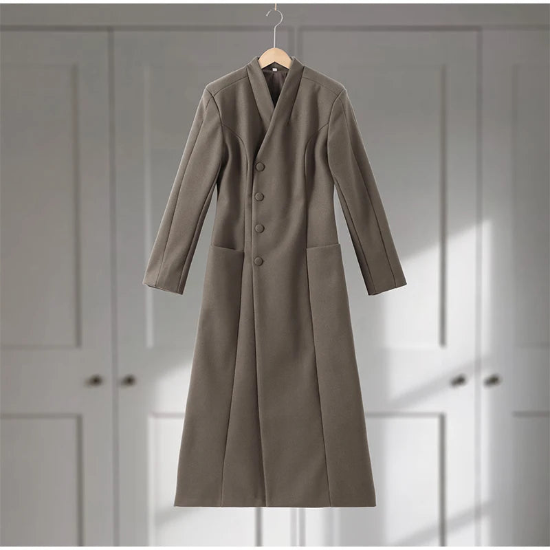 Elegant Long Coat Women V-neck Solid Slim Single-breasted Waist-closed Jackets Lady 2026 Spring Chic Female Streetwear
