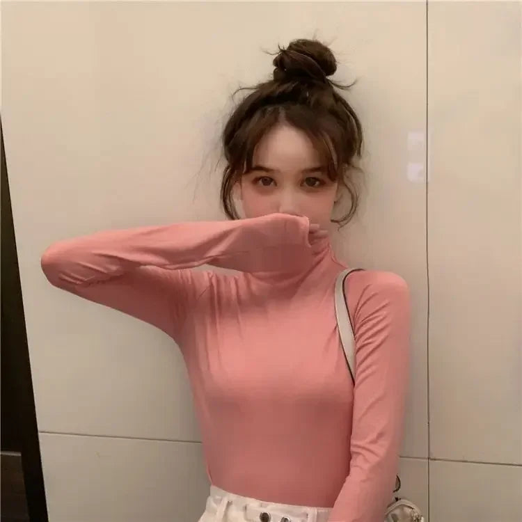 YSZWDBLX Women T-shirts Autumn Winter Modal Bottoming Shirt Warm Turtleneck Inner Wear Korean Casual Slim High Strecth Tops